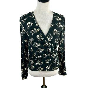 NEW Frank and Oak Floral Wrap Shirt Women Small Black White Long Sleeve Boho